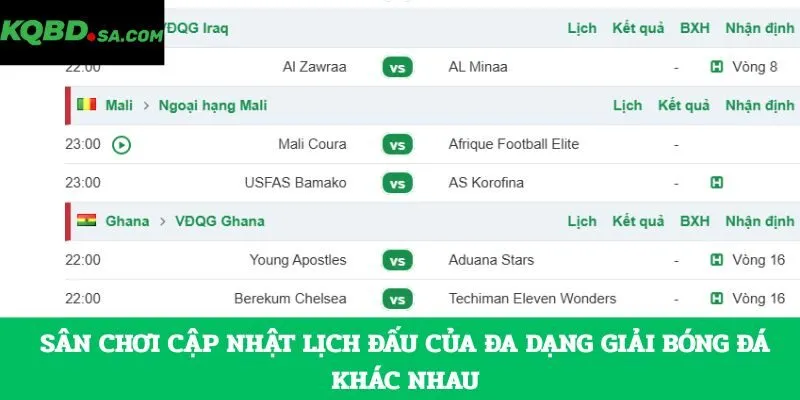 Sân chơi cập nhật lịch đấu của đa dạng giải bóng đá khác nhau